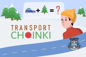 Infografika będąca rysunkiem z drogą, drzewami oraz postacią w zimowej czapce, a także napisem transport choinki
