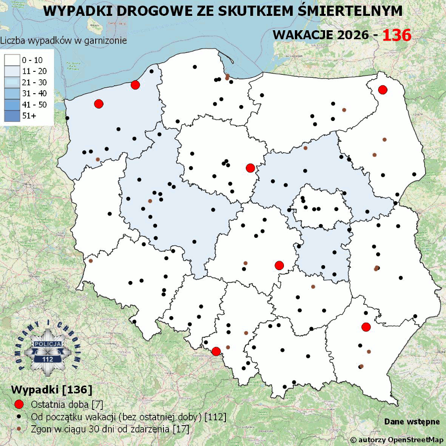 Mapa prezentująca liczbę wypadków poprzedniej doby w Polsce. Prezentowane dane są dostępne w tekście poniżej.