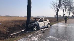 Spalony samochód stojący na poboczu drogi przy drzewie, w które uderzył.
