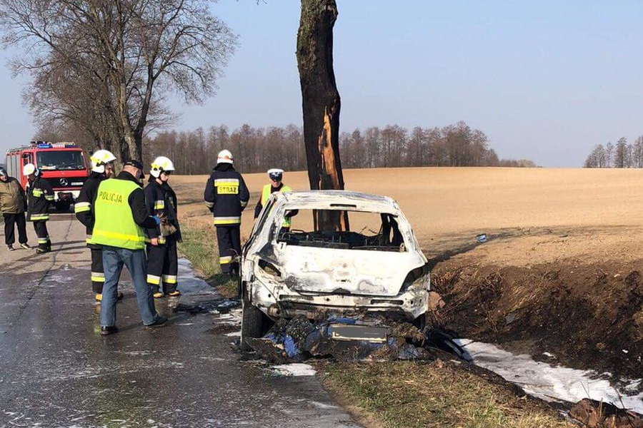 Spalony samochód stojący na poboczu drogi przy drzewie, w które uderzył.