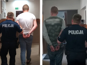 Zatrzymani mężczyźni prowadzeni przez policjanta