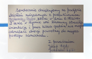 Notka z podziękowaniami dla policjantów