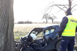 Rozbity samochód przy drzewie i policjant przy samochodzie