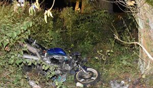 Na zdjęciu widać przewrócony motocykl leżący na trawie