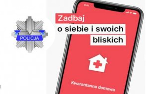 Logotyp policji oraz fragment ulotki informacyjnej dotyczącej aplikacji kwarantanna.
