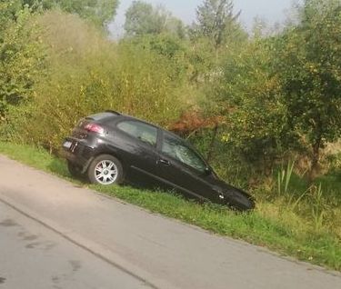 Na zdjęciu widać czarny pojazd skierowany przodem do rowu, w tle drzewa