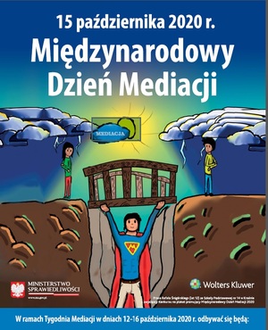 plakat miedzynarodowego dnia mediacji- superbohater trzyma most który łączy 2 strony