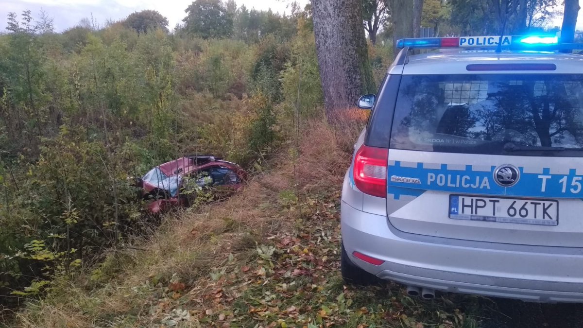 na zdjęciu widać leżące auto w rowie, po prawej stronie stoi radiowóz na sygnałach  świetlnych