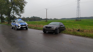 na zdjęciu widać pojazd uszkodzony w rowie, przy nim stoi radiowóz na sygnałach świetlnych