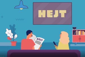 Zrzut ekranu z filmu animowanego. Dwie postacie siedzące na kanapie przed telewizorem, na którym wyświetlany jest napis HEJT