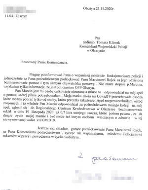 List, w którego treści kobieta dziękuje za oddanie osocza policjantowi OPP w Olsztynie - st. sierż. Marcinowi Rojkowi.