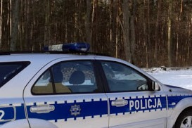 Radiowóz zimą na tle lasu