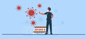 rysunek - policjant walczący z wirusem Covid 19