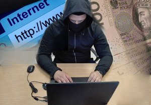 Zakapturzony i zamaskowany mężczyzna siedzący przy laptopie. W tle napis &quot;internet&quot; i banknot 100-złotowy