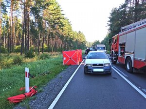 Po lewej stronie przy drodze służby ratunkowej, na poboczy zabezpieczone miejsce zdarzenia