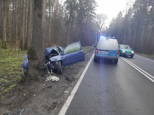 Pojazd który uderzył przodem w drzewo, na drodze radiowóz  z włączonymi sygnałami świetlnymi
