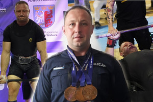 Zdjęcie policjanta z medalami oraz zdjęcia z zawodów