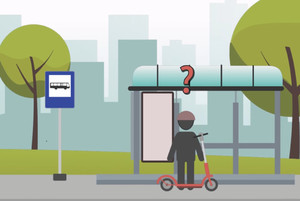 Animowana postać z hulajnogą stojąca na przystanku autobusowym