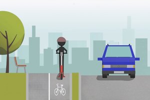 Rysunek przedstawiający postać na ścieżce rowerowej jadącą hulajnogą, a obok samochód jadący drogą
