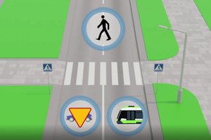 Rysunek przedstawiający symbol pieszego, samochodu i tramwaju na drodze