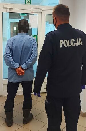 Policjant stoi za osobą zatrzymaną