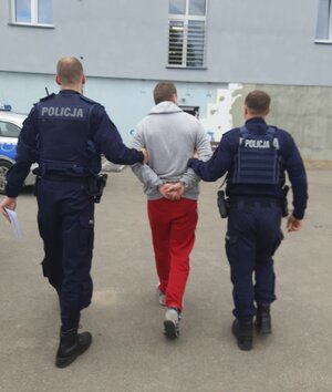 dwóch policjantów prowadzi osobę zatrzymaną