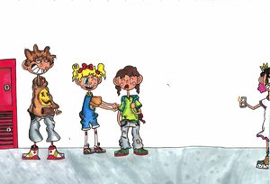 Ilustracja do bajki, na której widać dzieci dokuczające koleżance.