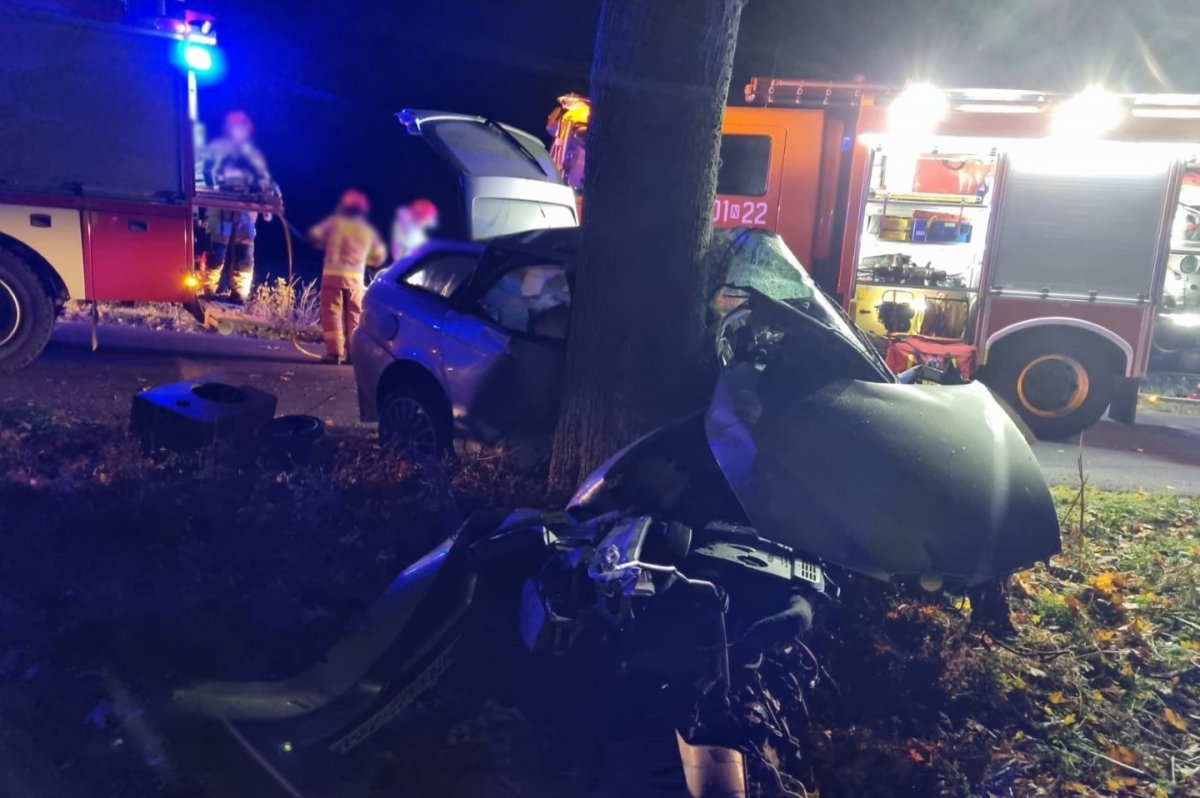 Rozbity samochód wbity w drzewo oraz służby ratunkowe na miejscu zdarzenia