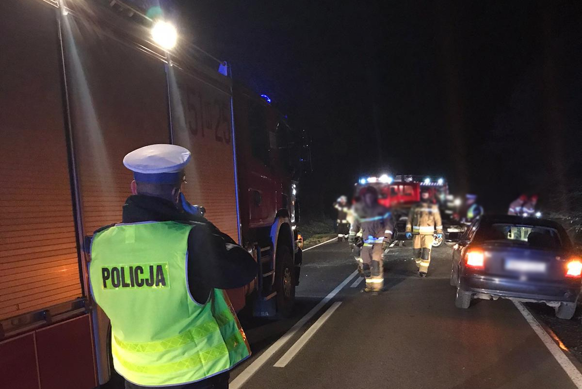 Miejsce zdarzenia drogowego w Dębówku. Policjant stojący obok wozu strażackiego