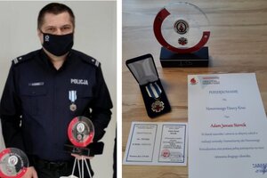 Po lewej podinsp. Adam Sternik w mundurze a po prawej leżące na stole jego odznaczenie, legitymacja, pismo z podziękowaniem i pamiątkowa statuetka