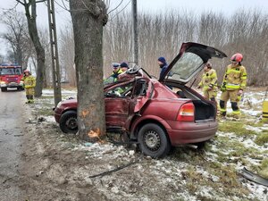 przy drzewie rozbite auto w tle strażacy i policjanci