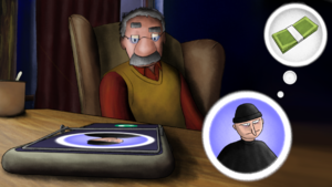 Grafika pochodząca z animacji. Przedstawia seniora w okularach siedzącego za biurkiem, na którym leży telefon.