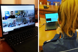 Policjantka siedząca przed komputerem podczas lekcji online