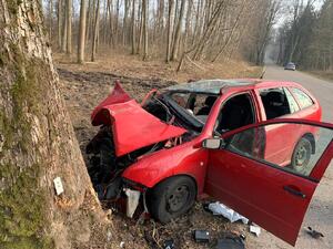 rozbity pojazd przy drzewach