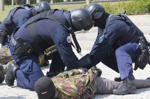 Uczestnicy szkolenia. Policjanci w trakcie zatrzymywania osób podejrzanych