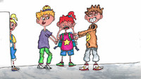 Ilustracja z książki. Widoczne są cztery postacie. Po lewej Pola chowająca się za drzwiami, a na środku dwóch chłopców trzymających za ramiona dziewczynkę między nimi.