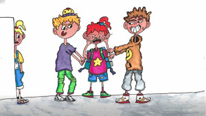 Ilustracja z książki. Widoczne są cztery postacie. Po lewej Pola chowająca się za drzwiami, a na środku dwóch chłopców trzymających za ramiona dziewczynkę między nimi.