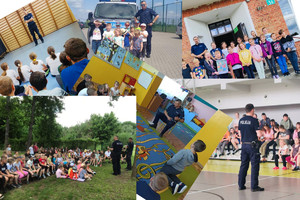 Kolaż zdjęć ze spotkań policjantów z dziećmi
