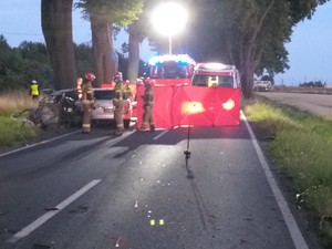 czerwony parawan na drodze, przy nim strażacy, policja i karetka pogotowia na miejscu śmiertelnego wypadku