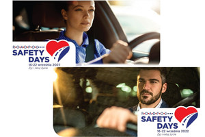 Dwa plakaty połączone w jeden. Po prawej stronie zdjęcie kobiety siedzącej za kierownicą, po lewej zdjęcie mężczyzny siedzącego za kierownicą.