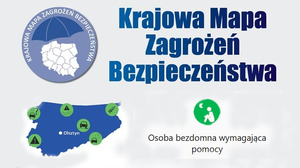 Plansza z napisem Krajowa Mapa Zagrożeń Bezpieczeństwa oraz logotypami KMZB, logiem w kształcie województwa warmińsko-mazurskiego i ikonką osoby bezdomnej