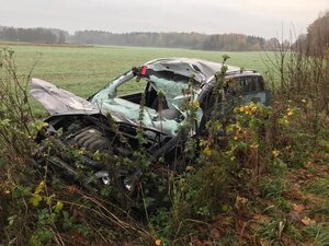 uszkodzony pojazd po zderzeniu ze zwierzyną leśną