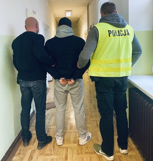 Policjanci prowadzą osobę poszukiwaną