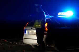 Policjant obok radiowozu