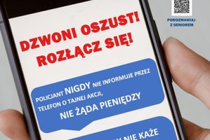 Zdjęcie przedstawia fragment plakatu akcji &quot;Dzwoni oszust. Rozłącz się!&quot;.