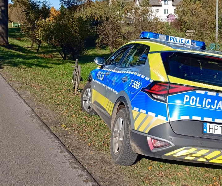 Zdjęcie przedstawia radiowóz i rower na poboczu.