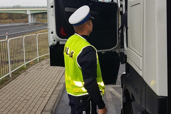 Zdjęcie przedstawia policjanta przy ciężarówce na drodze.