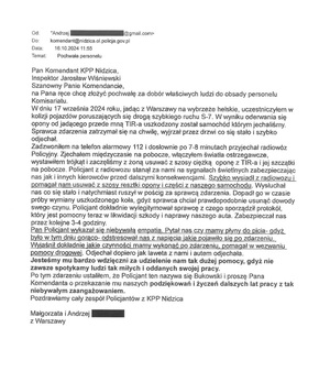 Zdjęcie przedstawia treść podziękowań skierowanych do Komendanta Powiatowego Policji w Nidzicy.