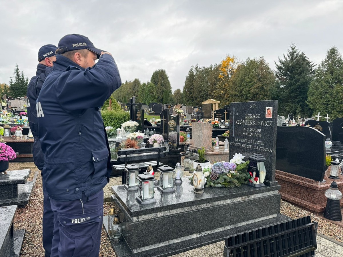 Policjanci na cmentarzu stojący przed grobami