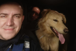 Policjanci i pies w radiowozie.